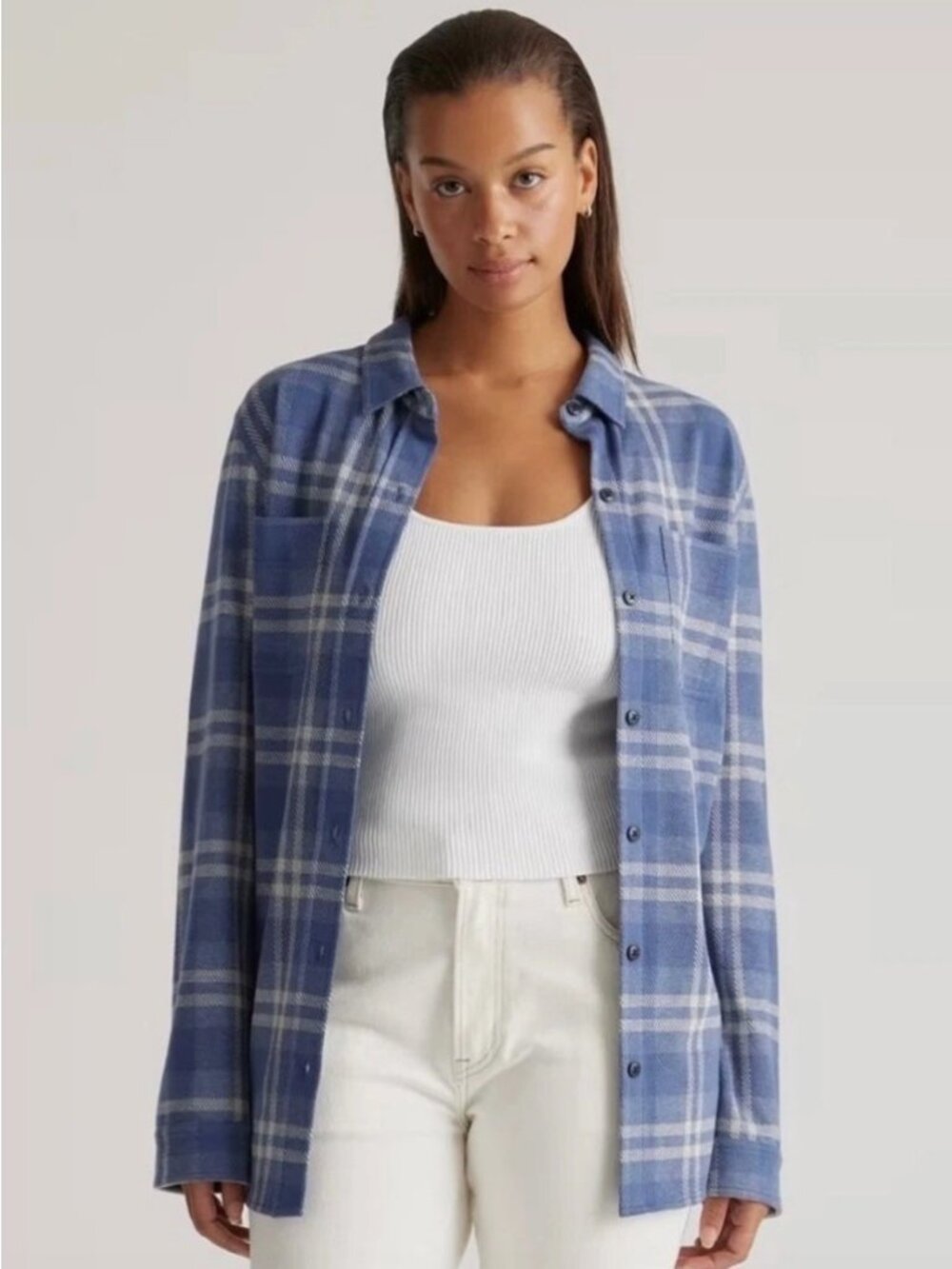 Quince Stretch Sweater Fleece Flannel Shirt Size Medium - Indigo Blue Check - Picture 1 of 5